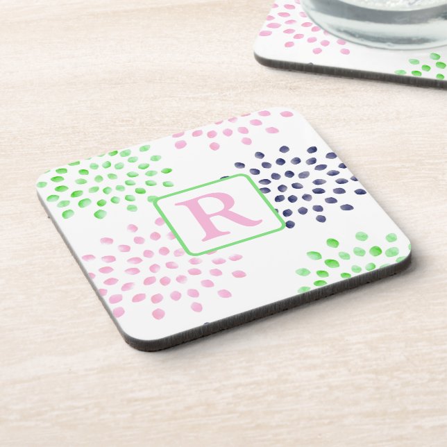 Watercolor Monogram Pink Navy Green Flowers Coaster (Left Side)