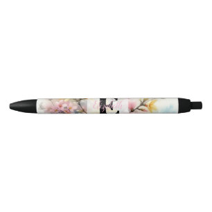 Watercolor monogram pink yellow Spring flowers Black Ink Pen