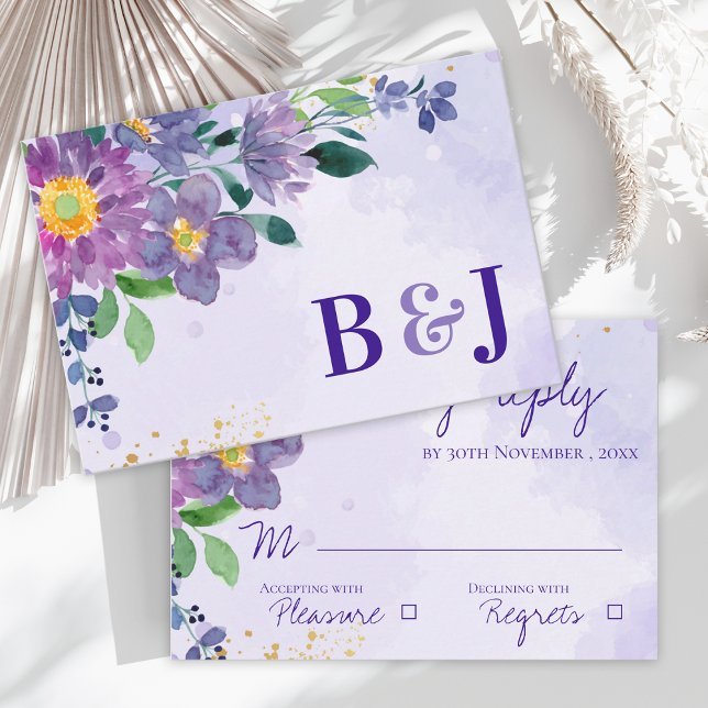Watercolor  Monogram Purple Blue Floral Wedding RSVP Card (Pretty Purple Blue Watercolor Floral Wedding RSVP Card)
