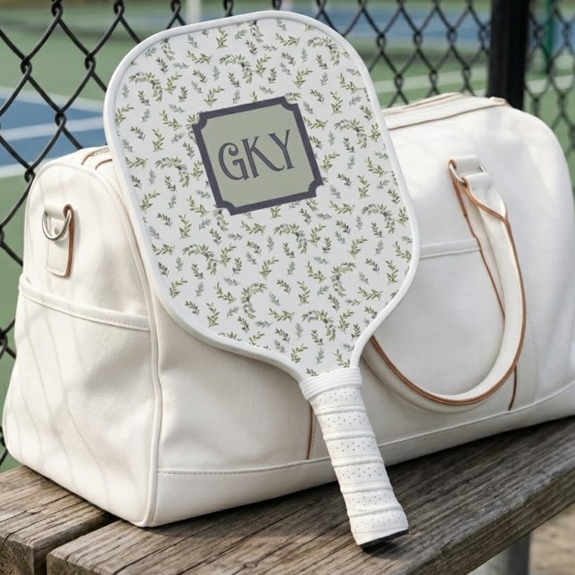 Watercolor Monogram Sage Olive French Pattern  Pickleball Paddle (Creator Uploaded)