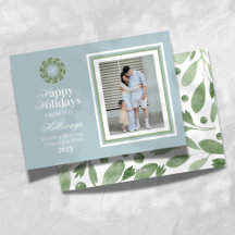 Watercolor Monogram Script Photo Flat Holiday Card