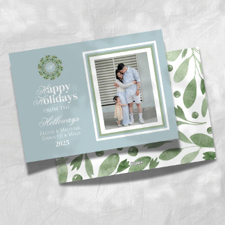Watercolor Monogram Script Photo Flat Holiday Card