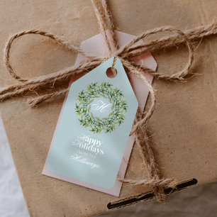 Watercolor Monogram Script Photo Flat Holiday Card Gift Tags