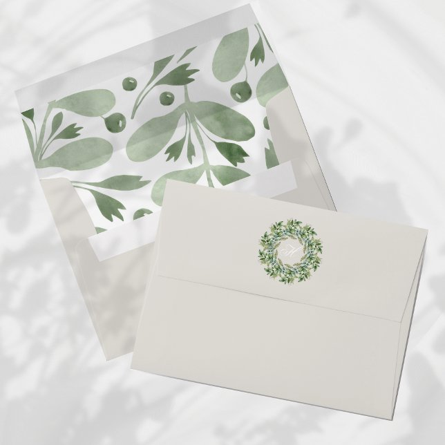 Watercolor Monogram Script Photo Flat Holiday Envelope (Celebrate the holiday season with these elegant, blue and watercolor greenery accents envelope!)