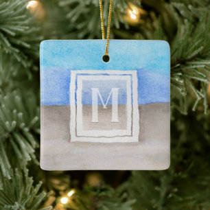 Watercolor Monogram Sea & Sand Blue and Tan Ceramic Tree Decoration