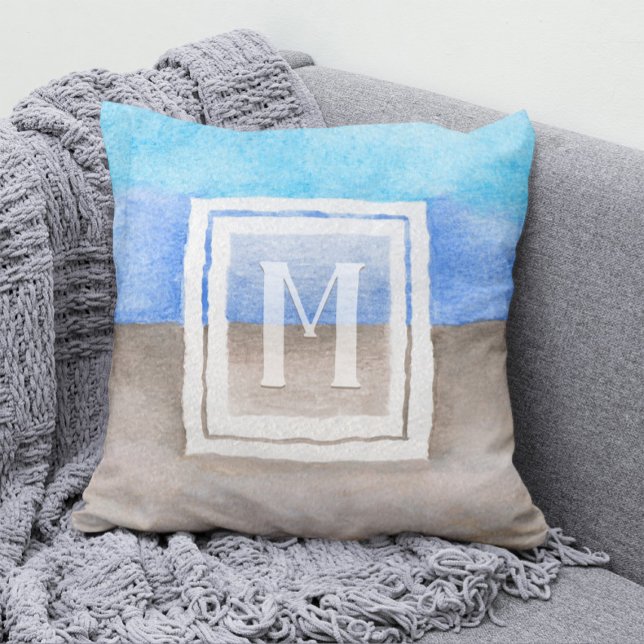 Watercolor Monogram Sea & Sand Blue and Tan Cushion (Creator Uploaded)