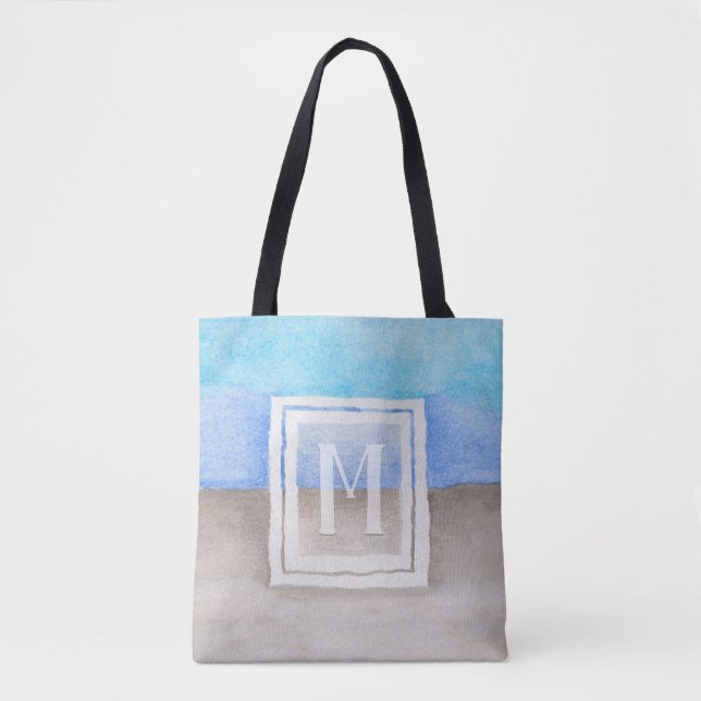 Watercolor Monogram Sea & Sand Blue and Tan Tote Bag (Front)