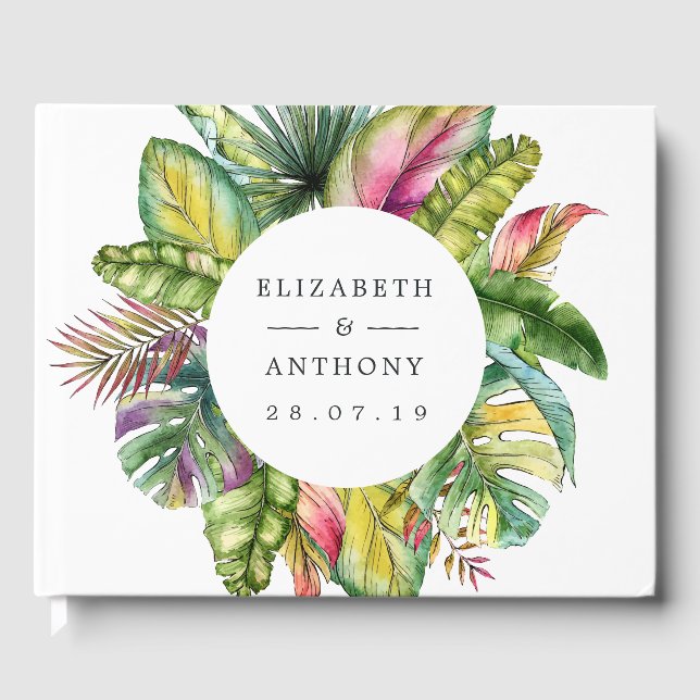 Watercolor Monogram Tropical Summer Beach Wedding Guest Book (Front)
