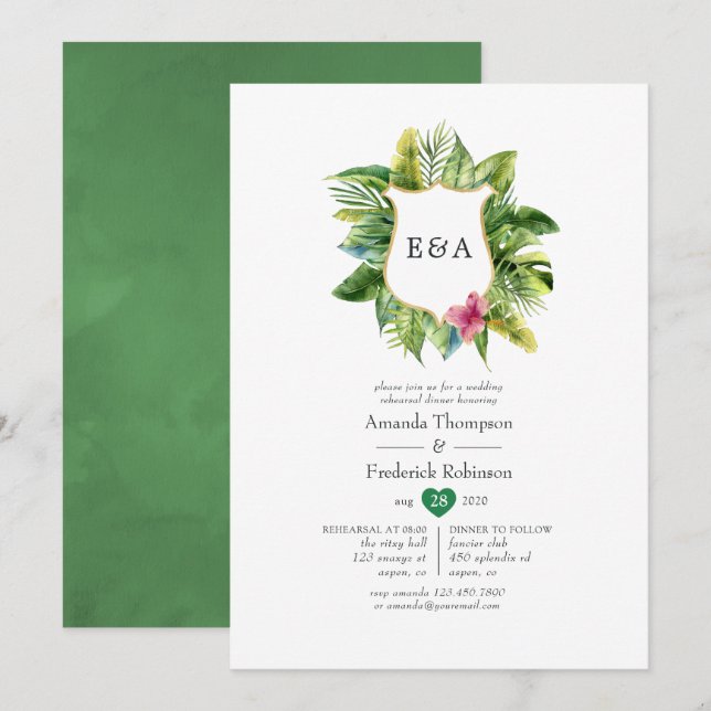 Watercolor Monogram Tropical Summer Beach Wedding Invitation (Front/Back)