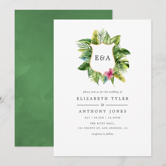 Watercolor Monogram Tropical Summer Beach Wedding Invitation (Front/Back)