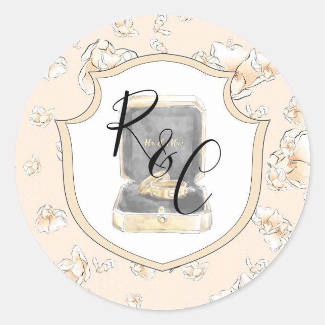 Watercolor Monogram Wedding Rings Magnolia Classic Round Sticker (Front)