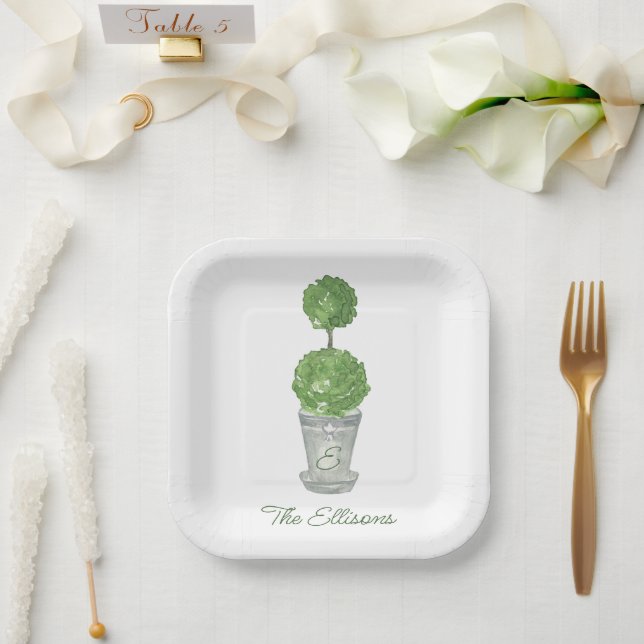 Watercolor Monogrammed Topiary  Napkins Paper Plate (Wedding)