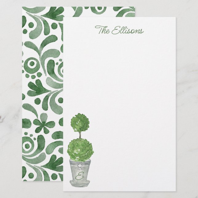Watercolor Monogrammed Topiary Stationery (Front/Back)
