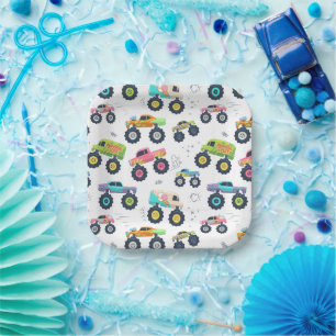 Watercolor Monster Car Trucks kids Paper Plate