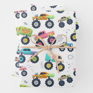 Watercolor Monster Car Trucks kids Wrapping Paper Sheet