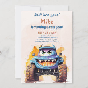 Watercolor Monster Truck boy Birthday  Invitation