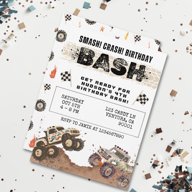 Watercolor Monster Truck Boys Birthday Party Invitation (Creator Uploaded)