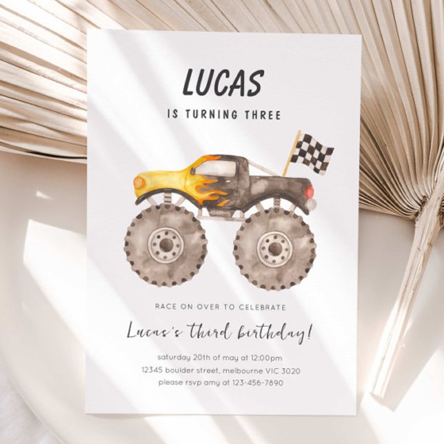 Watercolor Monster Truck Racing Birthday Party Invitation (Creator Uploaded)