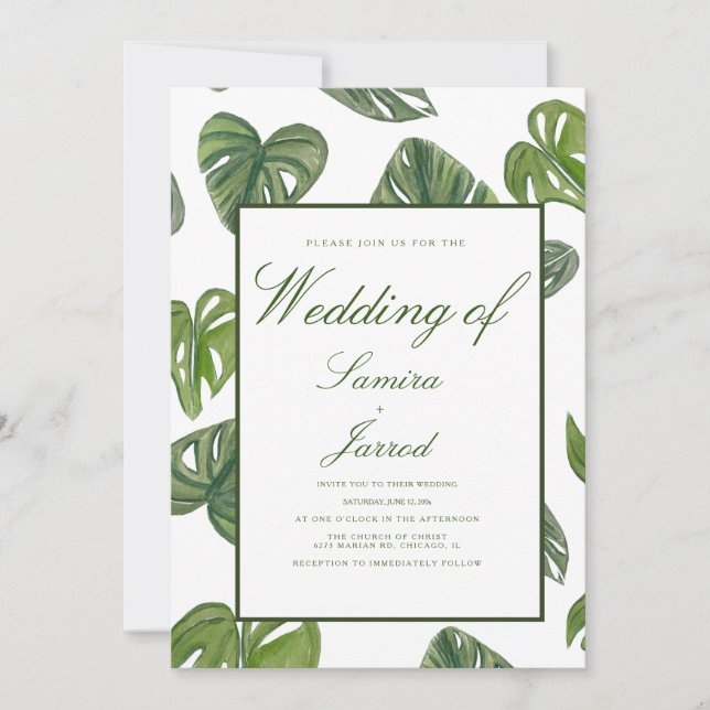 Watercolor Monstera and Adansonii Botanical Leaves Invitation (Front)