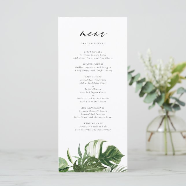 Watercolor Monstera Botanical Tropical Wedding Menu (Standing Front)