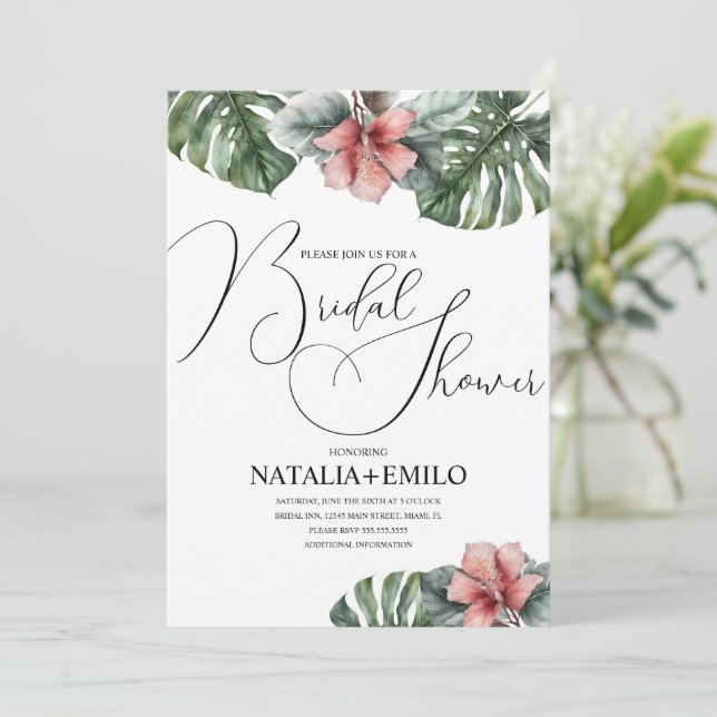 Watercolor Monstera Branch Greenery Bridal Shower Invitation (Standing Front)