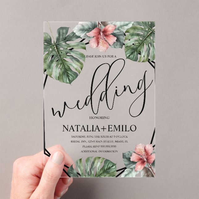 Watercolor Monstera Branch Greenery Wedding Acrylic Invitations (Insitu (Handheld))