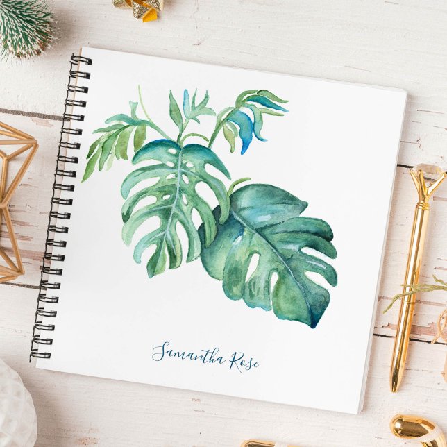 Watercolor Monstera Greenery Personalised Journal (Personalized Notebook watercolor monstera palm leaf art by Victoria Grigaliunas)