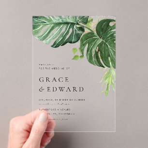 Watercolor Monstera Greenery Tropical Wedding Acrylic Invitations