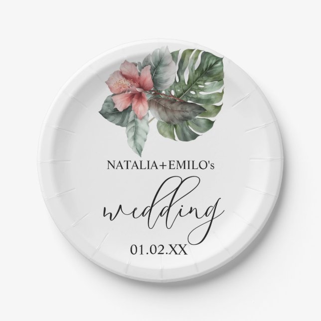 Watercolor Monstera Leaf Floral Wedding Paper Plate (Front)