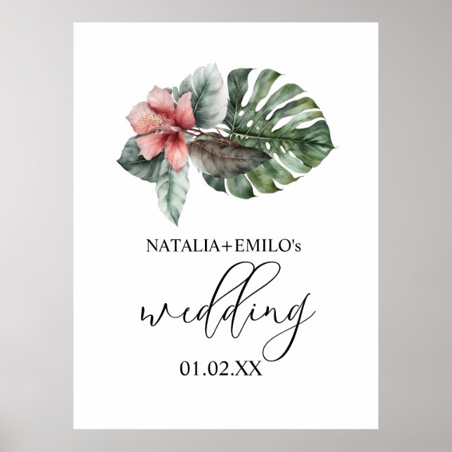 Watercolor Monstera Leaf Floral Wedding Poster (Front)