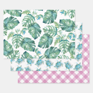 Watercolor Monstera Leaves and Sea Turtle Wrapping Paper Sheet