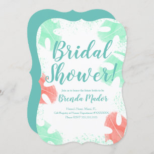 Watercolor Monstera Leaves Baby Shower Coral Mint Invitation