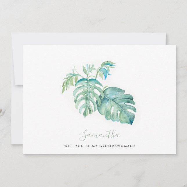 Watercolor Monstera Leaves Groomswoman Cards (Front)