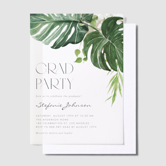 Watercolor Monstera Leaves Summer Graduation Vellum Invitations (Offset)