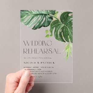 Watercolor Monstera Leaves Summer Rehearsal Dinner Acrylic Invitations