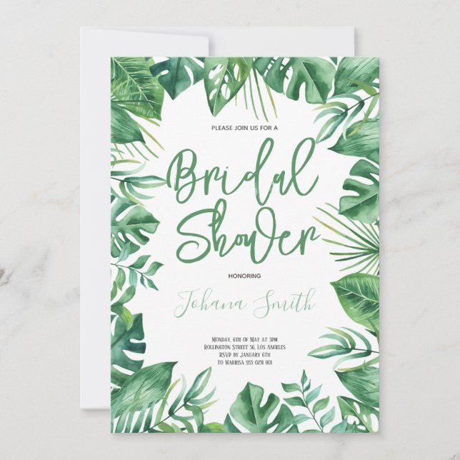 Watercolor Monstera Leaves Tropical Bridal Shower  Invitation (Front)