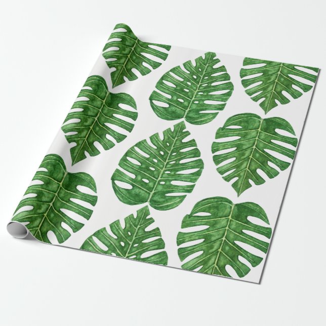 Watercolor Monstera Leaves Wrapping Paper (Unrolled)