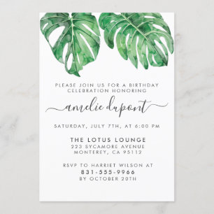 Watercolor Monstera & Modern Script Birthday Party Invitation