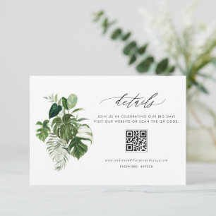 Watercolor Monstera Summer Wedding Details QR Code Enclosure Card