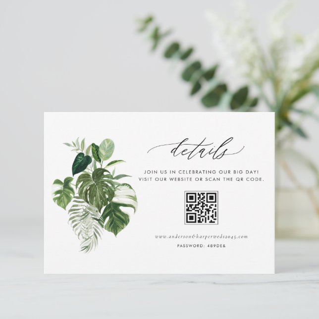 Watercolor Monstera Summer Wedding Details QR Code Enclosure Card (Standing Front)