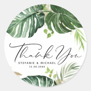 Watercolor Monstera Summer Wedding Thank You Classic Round Sticker