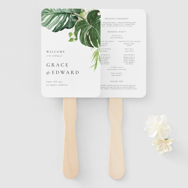 Watercolor Monstera Tropical Wedding Program Hand Fan (Front and Back)