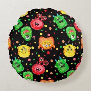 Watercolor Monsters: Cute Seamless Pattern Round Cushion