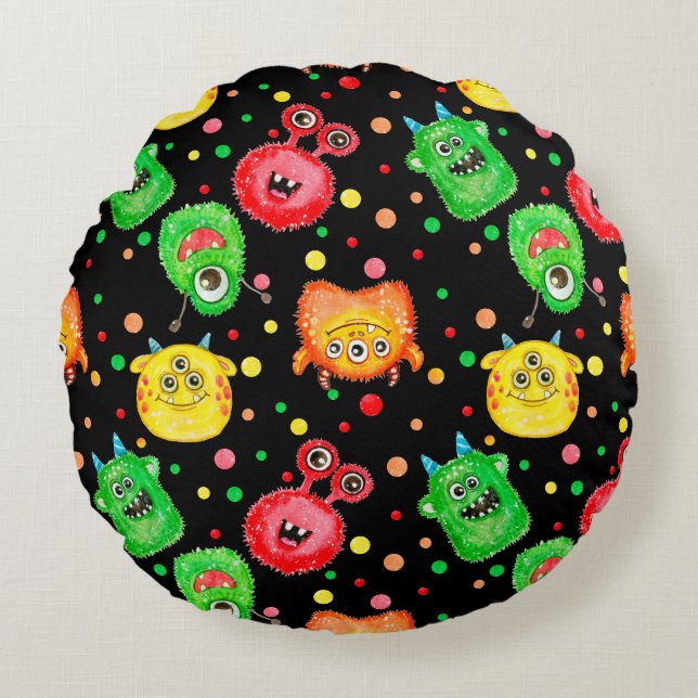 Watercolor Monsters: Cute Seamless Pattern Round Cushion (Front)