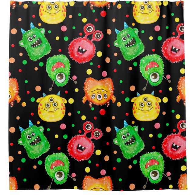 Watercolor Monsters: Cute Seamless Pattern Shower Curtain (Front)