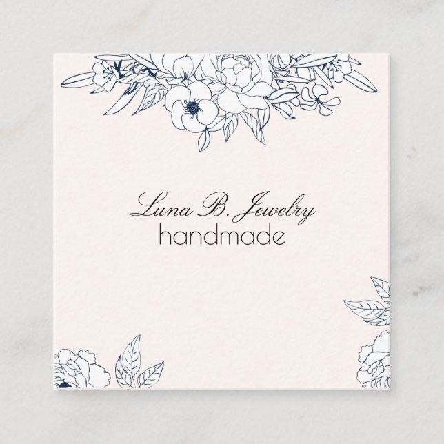Watercolor Moon & Botanical Art Blue Gray Square Business Card (Front)