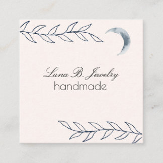 Watercolor Moon & Botanical Art Blue Gray Square Business Card