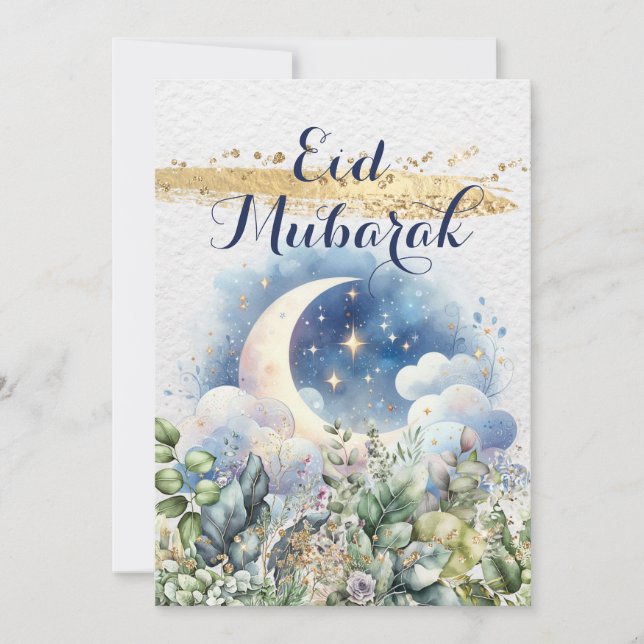 Watercolor Moon Eid Mubarak Gold Accent Vertical   Holiday Card (Front)
