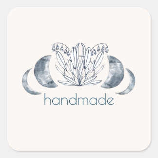 Watercolor Moon Phase & Botanical Art Blue-Grey Square Sticker