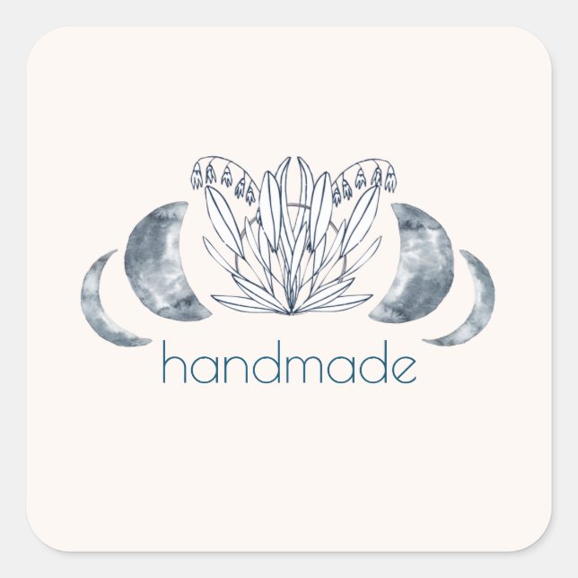 Watercolor Moon Phase & Botanical Art Blue-Grey Square Sticker (Front)